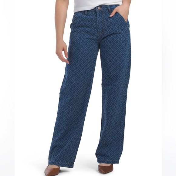 FLYING ANGEL Denim - FLYING ANGEL Medium Wash Cotton High Rise Diamond Printed Wide Leg Jeans